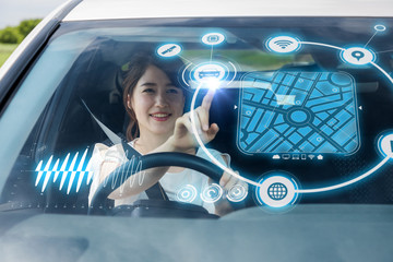 Heads up Display (HUD) of vehicle. Graphical User Interface (GUI). Futuristic car. Automotive technology. right hand drive.