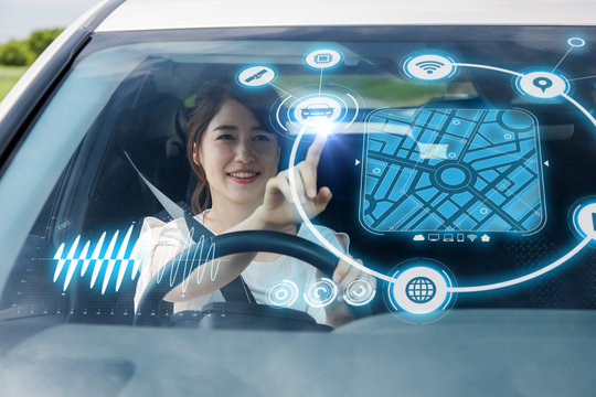 Heads Up Display (HUD) Of Vehicle. Graphical User Interface (GUI). Futuristic Car. Automotive Technology. Right Hand Drive.