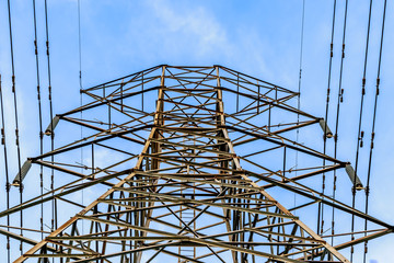 Close up view of high voltage tower with cables