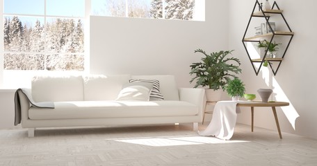 White room with sofa and winter landscape in window. Scandinavian interior design. 3D illustration