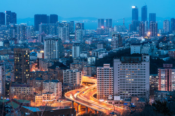 city skyline with residential district at night in China.