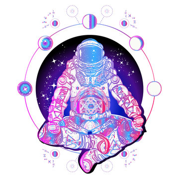 Astronaut in the lotus position color tattoo art. Spaceman silhouette sitting in lotus pose of yoga tattoo. Symbol of meditation, harmony, yoga. Astronaut and Universe t-shirt design