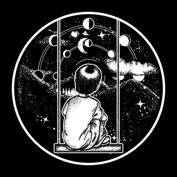 Boy on a swing in mountains, dreamer tattoo art. Boy looks at stars. Dreaming genius t-shirt design. Symbol of poetry, psychology, philosophy, astronomy, science. Lunar phases and Universe