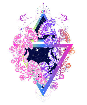 Flowers art nouveau in a triangle tattoo art. Graceful flowers in mystical triangle t-shirt design. Symbol of art, freedom, astronomy, mysterious knowledge tattoo