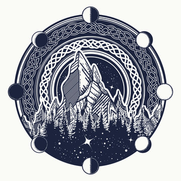 Mountains in the circle tattoo, celtic style. Great outdoors. Symbol of adventure tourism, meditation, camping. Nature Mountain landscape tattoo and t-shirt design tribal vector illustration