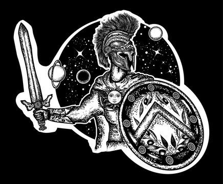 Spartan warrior holding sword and shield tattoo art. Spartan warrior t-shirt design. Legionary of ancient Rome and ancient Greece. Symbol of bravery, force, army, hero