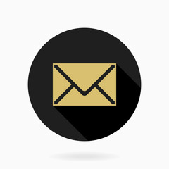Fine vector golden mail icon in the black circle. Flat design and long shadow