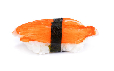 Japanese, Toro salmon or Salmon sushi nigiri isolated on white background. japan sushi surimi artificial crab