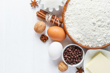 Ingredients for baking. Selection for cookies or muffins with chocolate drops