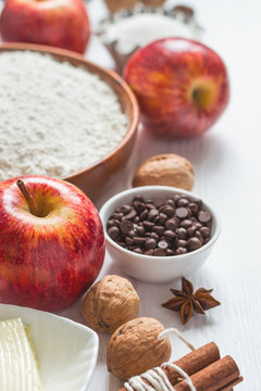 Ingredients for baking. Selection for apple pie or cakes, selective focus