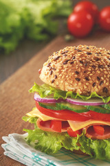 Delicious ham, cheese and salami sandwich