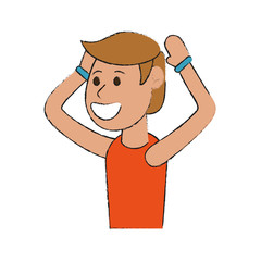 happy man smiling wearing sleeveless shirt with lifted arms cart