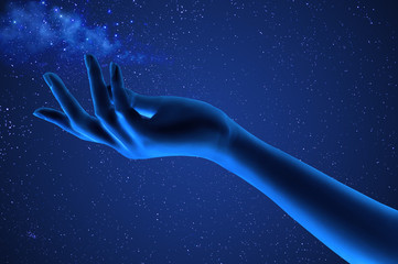 Fototapeta na wymiar hand holding the stars wiht starry night background adjust as x-ray film style,3D illustration