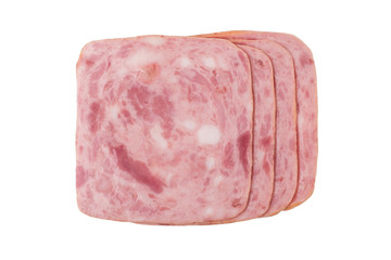 Squared slice of ham isolated on white background
