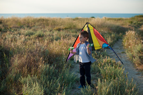 dreaming little boy holding a kite behind his shoulders