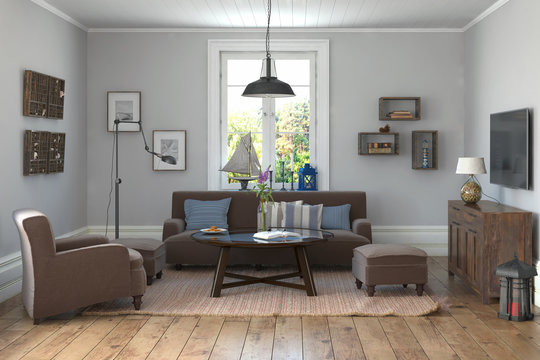 Skandinavisches, nordisches Wohnzimmer mit einem Sofa, Sessel, Hocker, Tisch, Lampen, Möbeln und Fernseher