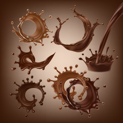 Set vector 3D illustrations, splashes and drops of melted dark and milk chocolate, dynamic splashes of hot coffee, cocoa, liquid chocolate. Print, template, design element for packaging, advertising