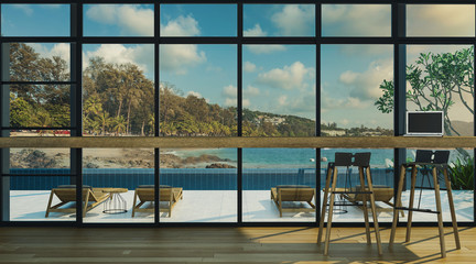 Fototapeta na wymiar Working room with pool view, sea view