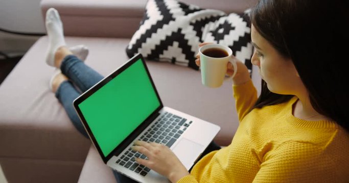 Beautiful young woman using laptop pc with green screen, drinking coffee while sitting on the couch in the living room. Back view. Chroma key
