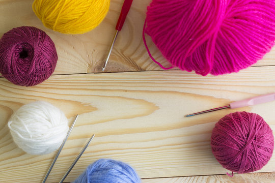 Hanks of thread for knitting. Creative hobby.