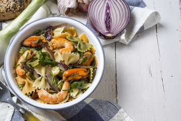Italian pasta  with seafood. Mussels; Prawns
