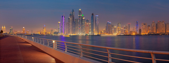 DUBAI, UAE - MARCH 29, 2017: The evening panorama of Marina towers.