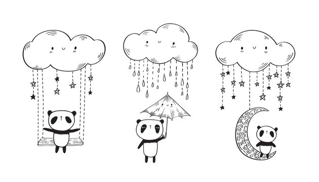 Set of cute pandas with umbrella and  funny clouds. Hand drawn illustration for your design. Doodles, sketch. Black and white. Vector illustration.