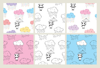 Set of seamless patterns for kids. Cute pandas with umbrellas and funny clouds for textile, wallpapers, gift wrap and scrapbook.  Vector illustration.