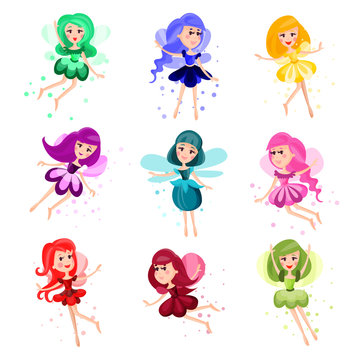 Cute cartoon flying girly fairies of different colors set of vector Illustrations