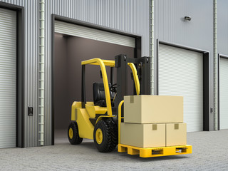  forklift truck with boxes in warehouse