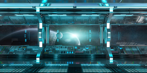 Spaceship interior with view on distant planets system 3D rendering elements of this image furnished by NASA © sdecoret
