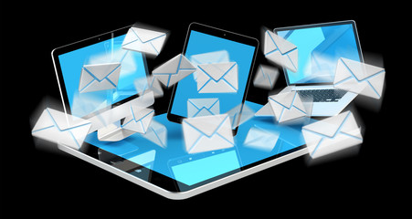 Digital e-mails flying through devices screens 3D rendering
