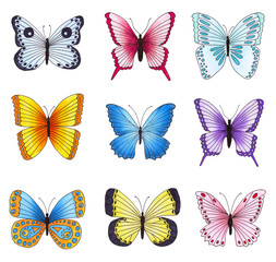 Fototapeta na wymiar Set of multicolored butterflies isolated on white background.
