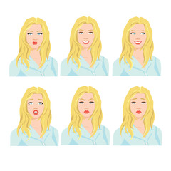 Collection of woman's emotions. Vector illustration of variations of facial expression. 
