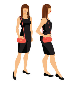 Vector illustration of woman in black dress and shoes on flat heel on white background. Various turns woman's figure. Front view and side view.