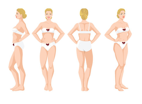 Vector illustration of beautiful woman in underwear on white background. Various turns woman's figure. Side view, front view, back  and side view.