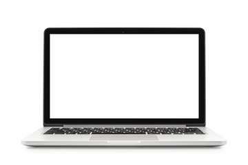 Laptop with white blank screen isolated on white background, white aluminium body