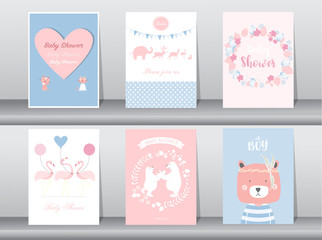 Fototapeta na wymiar Set of baby shower invitations cards,poster,greeting,template,animal,bear,flamingo,Vector illustrations 