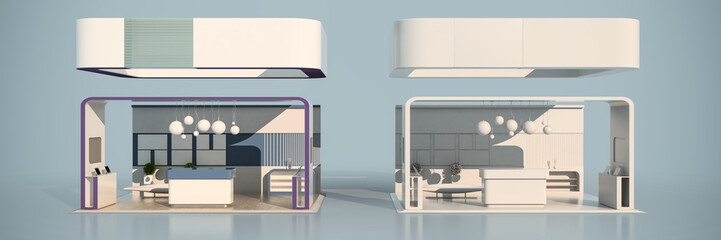 3d rendering of two exhibition one with colors and one just white for branding