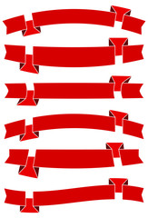 Set of six red cartoon ribbons for web design. Great design element isolated on white background. Vector illustration.

