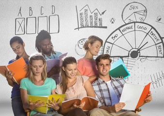 Group of students studying sitting in front of survey graphics