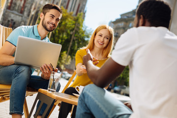 Excited intelligent man wanting joining the team