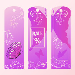 Violet tag for big sales with the butterfly. Label the price of goods pastel purple tones.