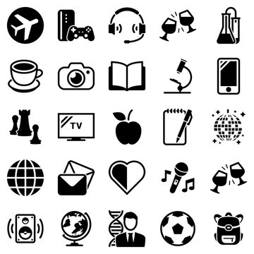 Set of simple icons on a theme Hobbies, entertainment, vector, design, collection, flat, sign, symbol,element, object, illustration. Black icons isolated against white background