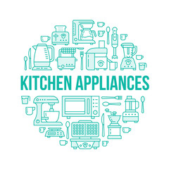 Kitchen small appliances equipment banner illustration. Vector line icon of household cooking tools - blender, mixer, food processor, coffee machine, microwave, toaster. Electronics circle template.