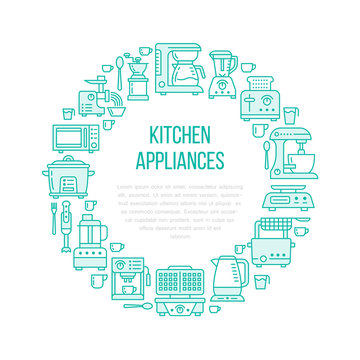Kitchen small appliances equipment banner illustration. Vector line icon of household cooking tools - blender mixer, coffee machine, microwave, toaster. Electronics circle template with place for text