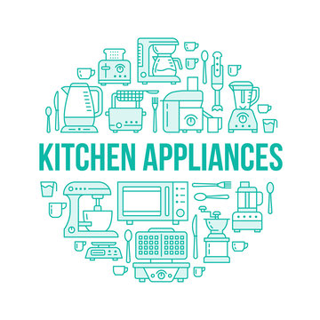 Kitchen small appliances equipment banner illustration. Vector line icon of household cooking tools - blender, mixer, food processor, coffee machine, microwave, toaster. Electronics circle template.