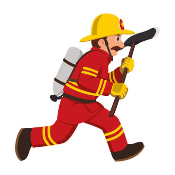 The image of a firefighter running with a hatchet
