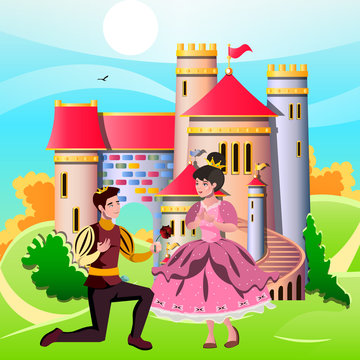 Princess and knights standing in front of the castle