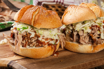 Homemade pulled pork burger with coleslaw salad